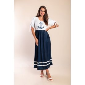   Laza szabású, rövid ujjú midi ruha horgony mintával, fehér - sötétkék